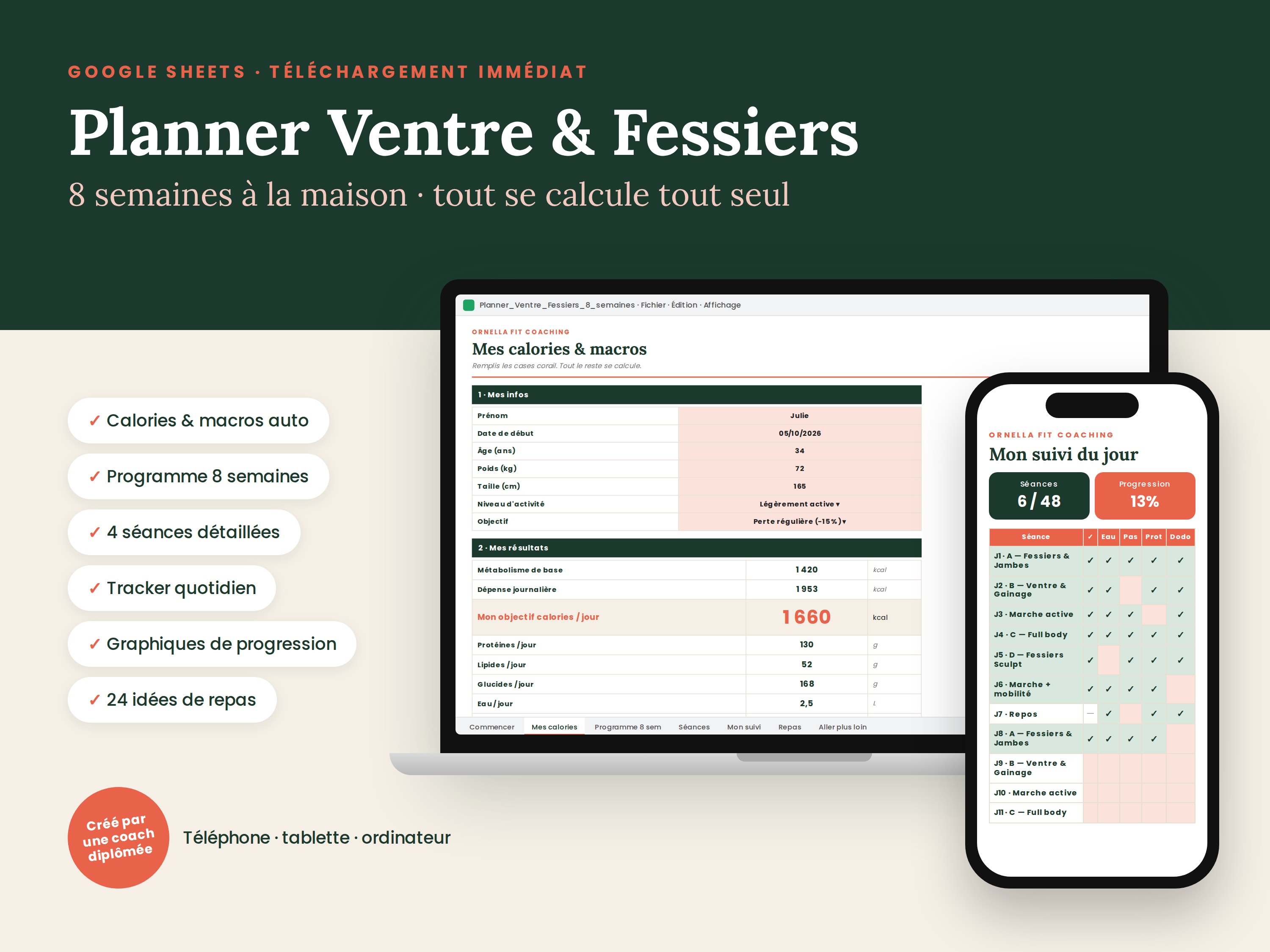 Planner Ventre & Fessiers 8 semaines — Google Sheets