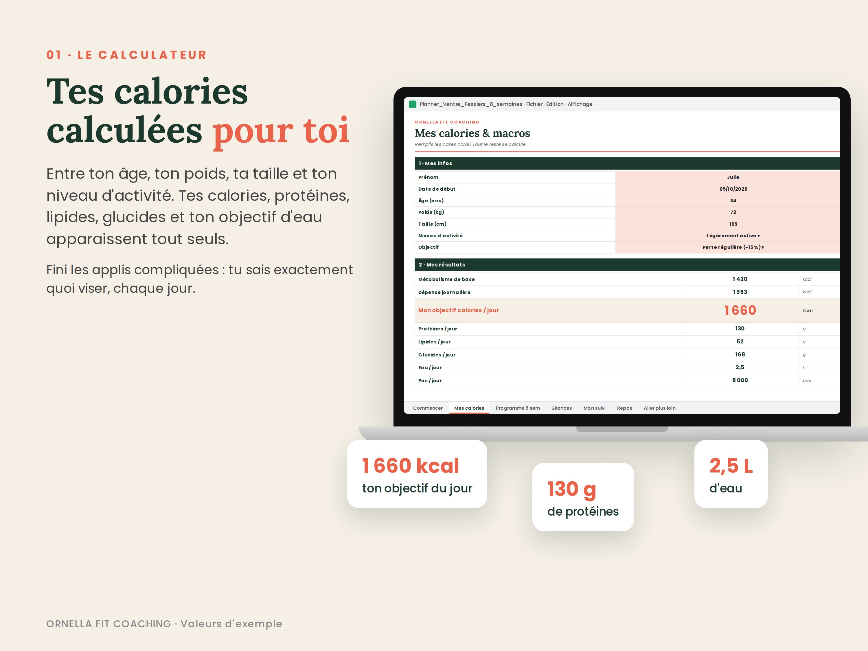 Onglet calculateur de calories et macros